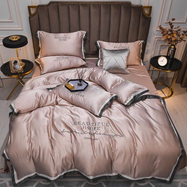Four Piece Spring/Summer Embroidered Heavenly Silk Bed Sheet and Fitted Sheet Dormitory Set