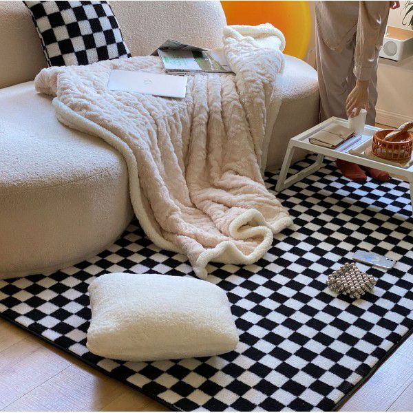 Vintage Soft and Thick Lamb Fleece Floor Mat Checkerboard Diamond Checker Cushion Bedroom