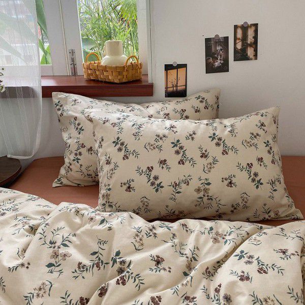 Vintage floral pure cotton four piece set, all cotton bed sheet, quilt cover, fitted sheet, three piece bedding set
