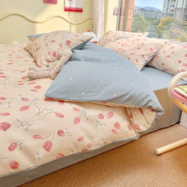 Spring and Summer New Cotton Four Piece Set Pure Cotton Bed Sheet Quilt Cover Small Fresh Bedding Supplies