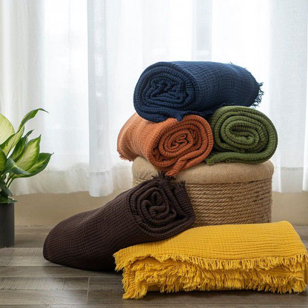 Cotton plain four layer yarn tassel blanket, simple, casual, skin friendly, breathable, nap blanket, decorative blanket