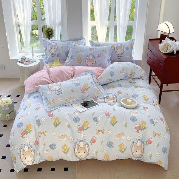 Cotton four piece set, pure cotton cartoon printed bed sheets, bed sheets, quilt covers, student bedding, 4-piece set