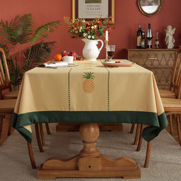 American light luxury tablecloth, rectangular dining table cloth, cotton and linen fabric, embroidered edge covering, tablecloth