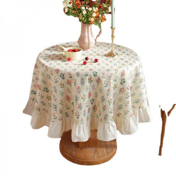 French Vintage Heather Green Planting Table Cloth Spliced with Ruffle Edge Round Table Cloth Small Flower Pastoral Style Round