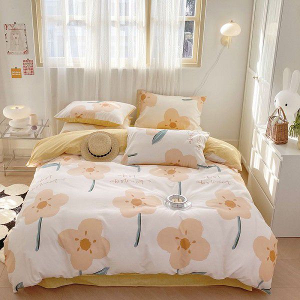 Cotton printed four piece set of small fresh bed sheets, fitted sheets, pure cotton duvet covers, student dormitory bed four piece sets