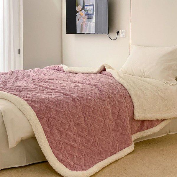 Solid color edging blanket jacquard double layer thickened warm cream lamb plush blanket