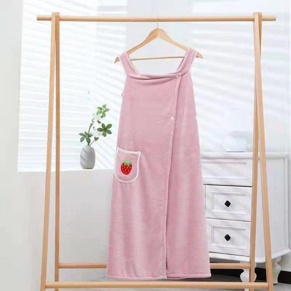 Wearable bath towel for women with coral velvet suspender bath skirt set, soft and absorbent adult bathrobe