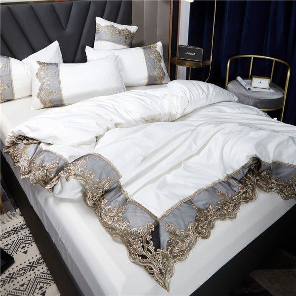 Lace edge bed set of four pieces, washed ice silk, real silk bed sheets, bed skirts, white bedspreads