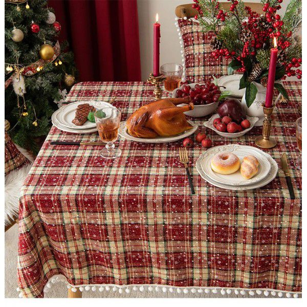 American retro Christmas snowflake plaid dining table cloth New Year festive red decorative cloth tea
