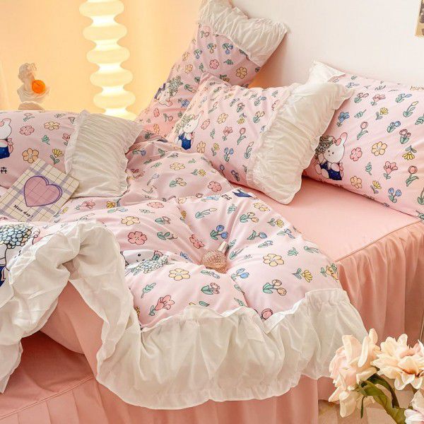The New INS Korean Edition Skincare Wash Cotton Princess Style Four Piece Set of Pure Cotton Small Fresh 100 Ruffle Lace Bed Sheet and Quilt Cover 6