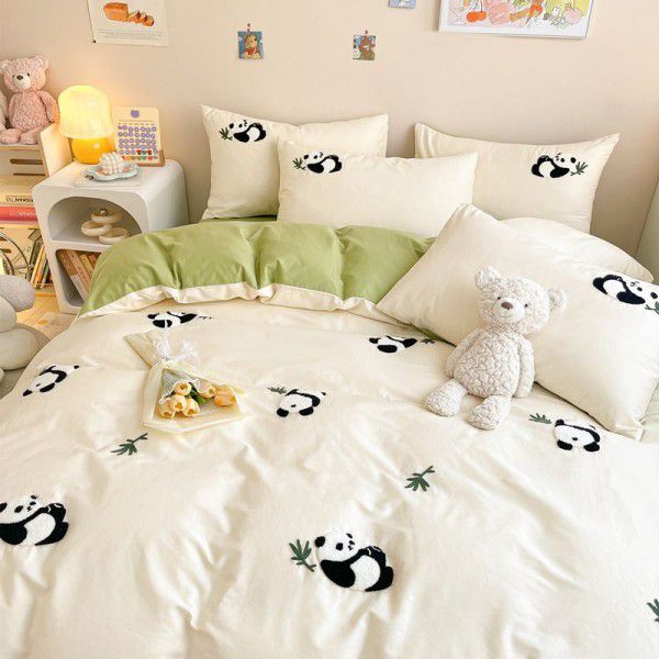 Cartoon Panda Towel Embroidered Bed Set of Four Pieces Cotton Quilt Cover, Student Dormitory Bed Sheet Set of Three Pieces Fitted Sheet