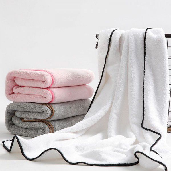 Coral velvet edging bath towel for adult household thickened beach towel, absorbent and quick drying sports towel