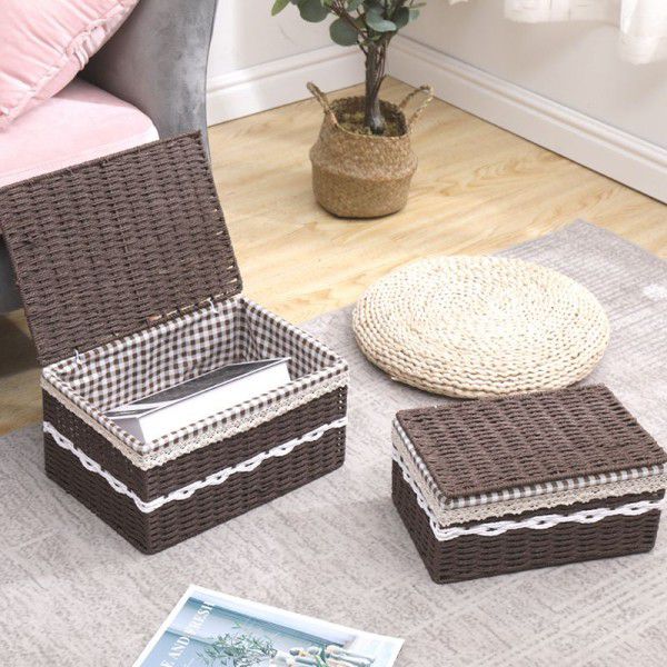 Household woven dustproof storage box, willow woven fabric storage box with lid, toy underwear, snack storage basket