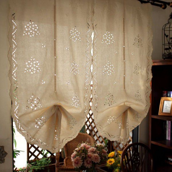 Vintage finished balloon curtain, lifting and pulling curtain, fan-shaped half curtain, Roman curtain, kitchen window, flower clusters and colorful fabrics