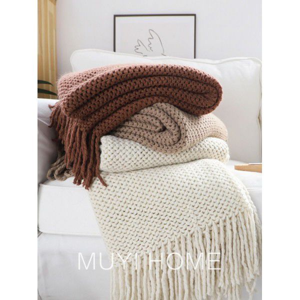 Lazy American hollow out knitted leisure blanket, homestay sofa blanket, bed end blanket, towel decoration blanket, tassel blanket, woolen thread blanket