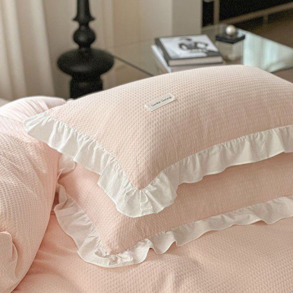 Quasi cotton waffle four piece set student dormitory bedding three piece set pure cotton edge style quilt cover bed sheet and fitted sheet