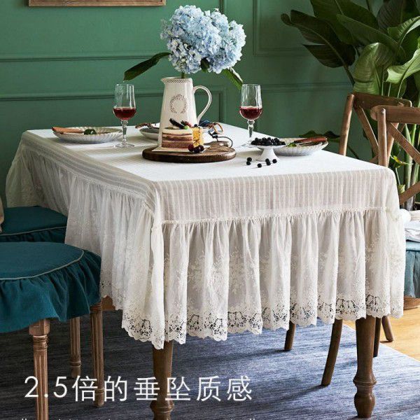 Waterproof white dining table cloth lace fabric French retro style round tablecloth household rectangular tea table cloth