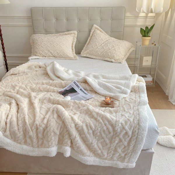 Autumn and Winter New Tafu Plush Blanket Pure Plain Jacquard Double Layer Lamb Fleece Blanket