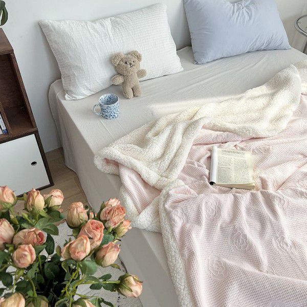 Solid color blanket, double layer sofa, leisure blanket, warm blanket, camellia flower, cow milk velvet, lamb velvet blanket, new style